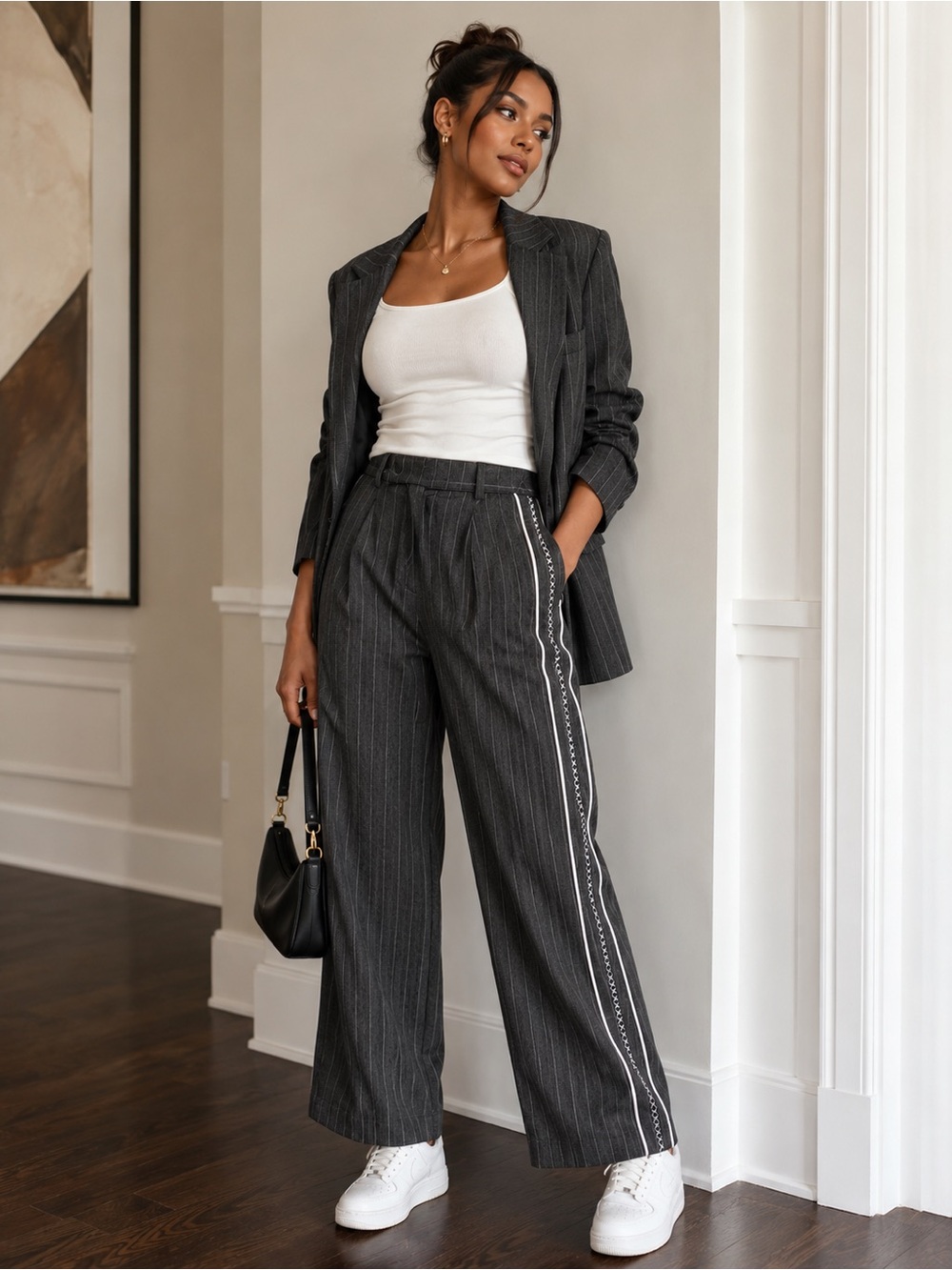 Princess Polly Women's Charcoal Pinstripe Wide-Leg Pants with Side Stripe NWT